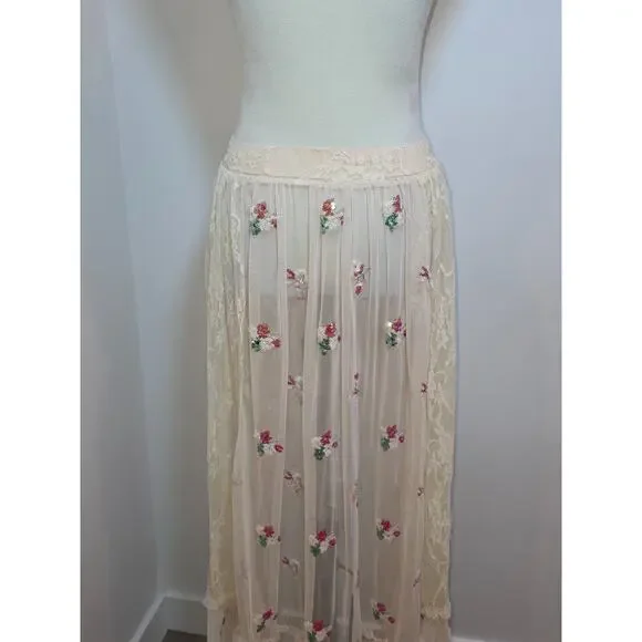 Sheer Skirt Small Cream Lace Embroidery Floral Whimsical Fairy Festival Keilah - Picture 8 of 10